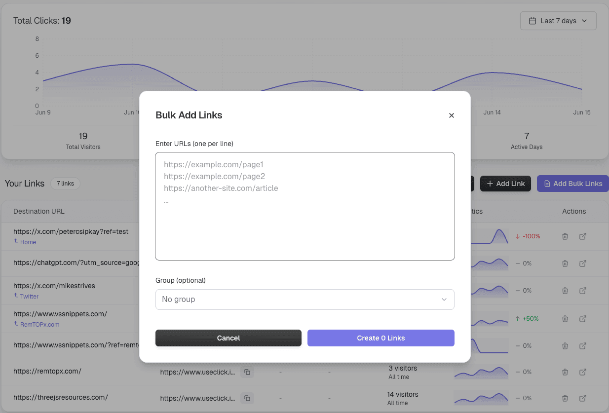 Bulk link creation interface